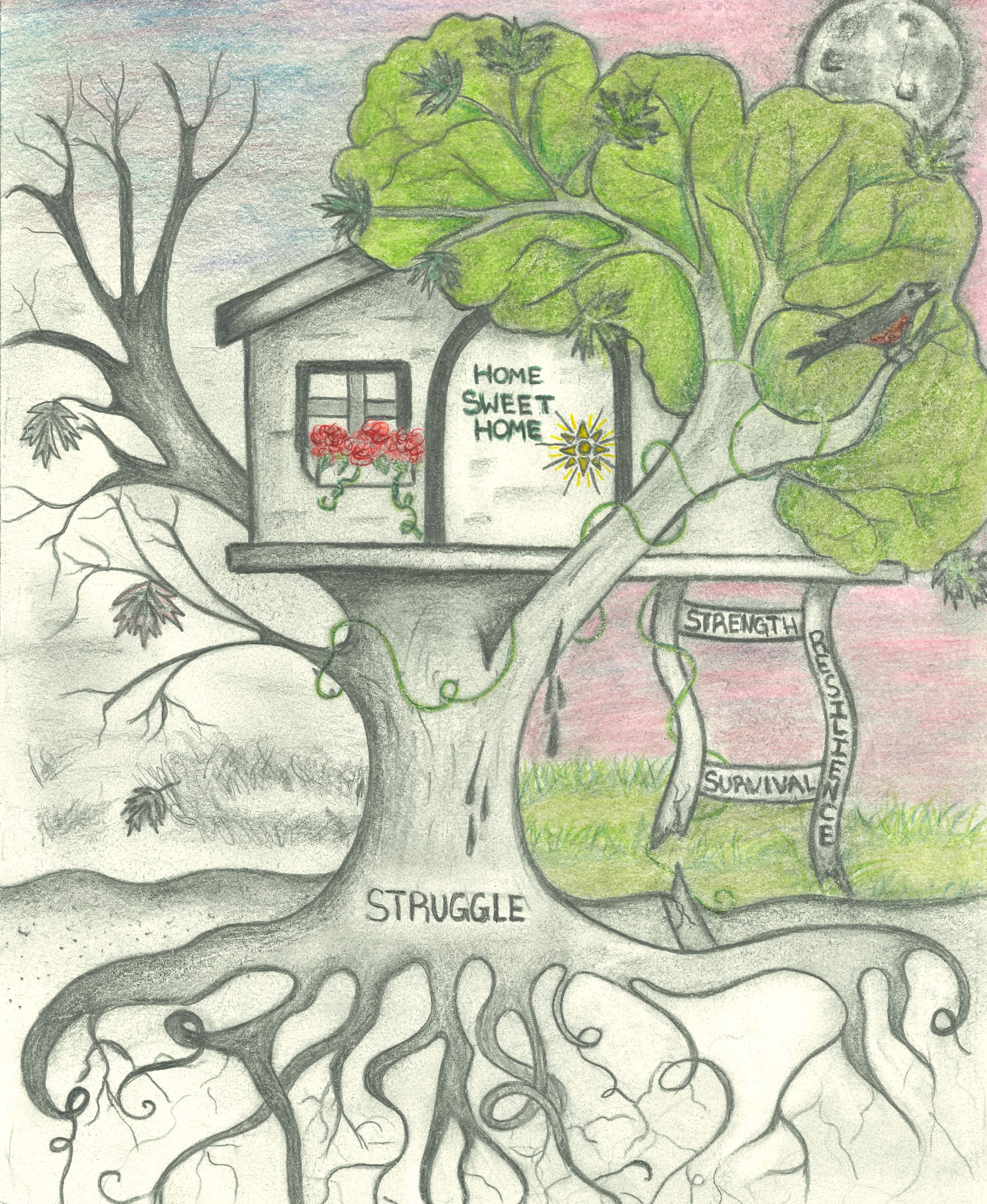From Roots to Home image of a tree depicting the root causes of homelessness and the effort to become housed. The tree has the words strength, resilience, survival, and struggle. The image is two sided - one side hows what can happen if people are provided with care and support and the other side represents what happens when people are not given the tools and resources to flourish.