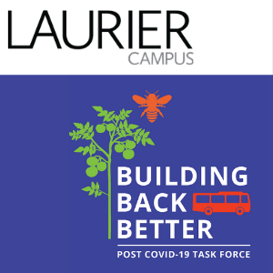 Text Laurier Campus in black on a white background above a purple rectangle overlaid with text building back better in white with a green outline of a a tomato plant, an orange bee, and a red bus