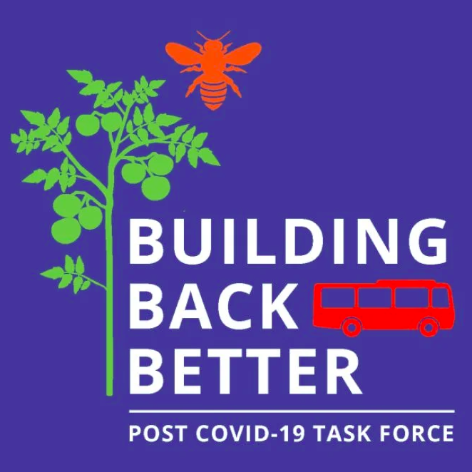 Building Back Better - Post COVID-19 Taskforce in white text on a purple background with a green tomato plant, orange bee, and red bus