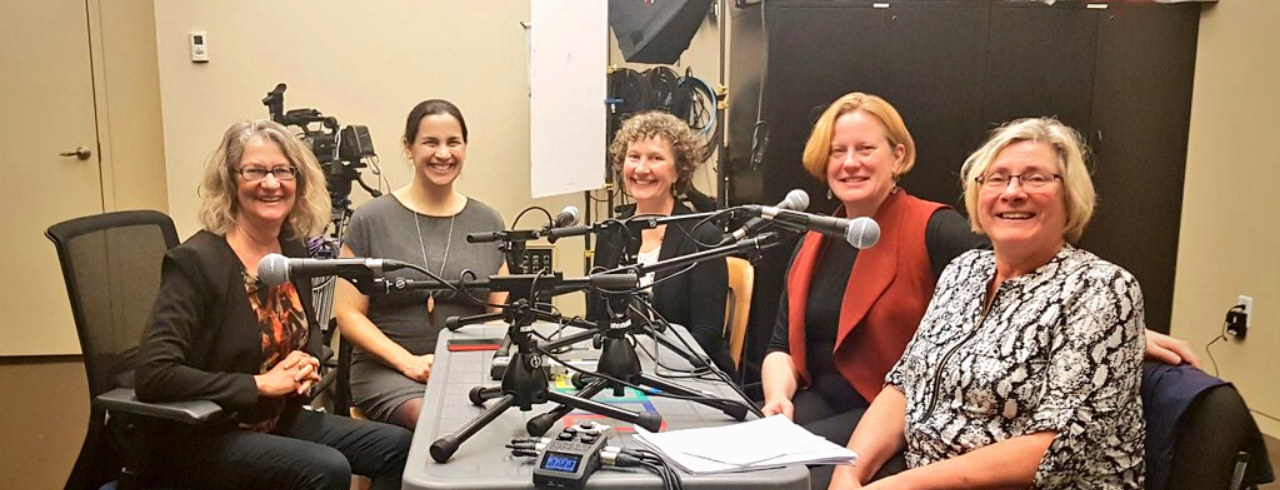 Five women in recording studio for Handpicked Podcast