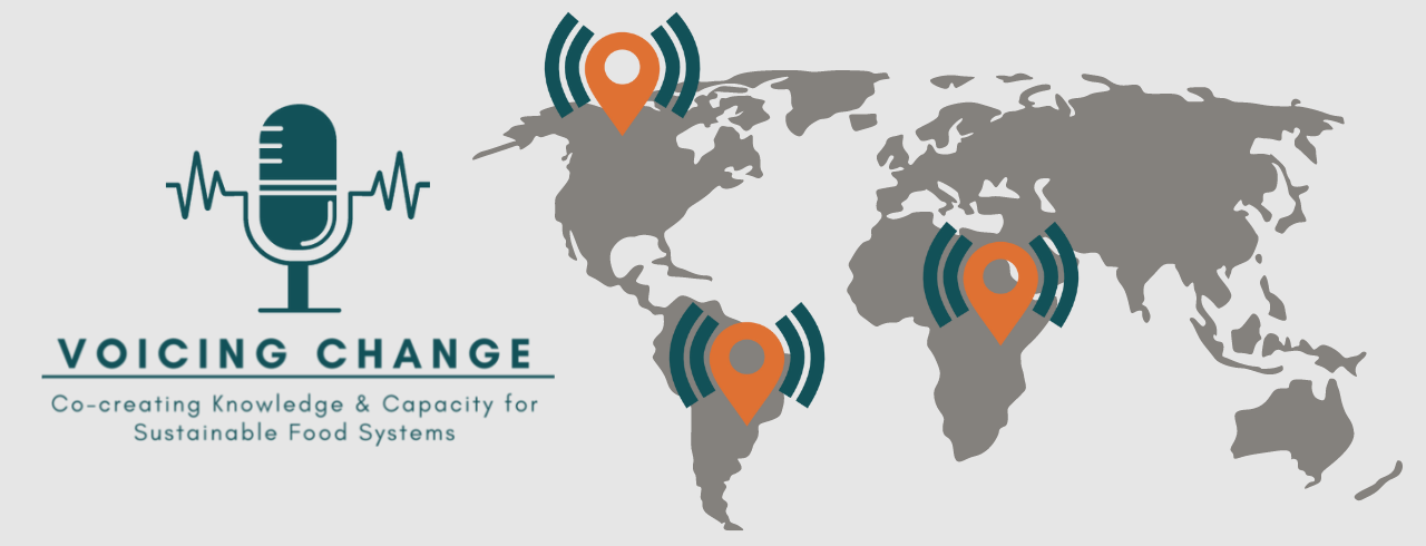 Voicing change logo with world map marking locations in North America, South America and Africa