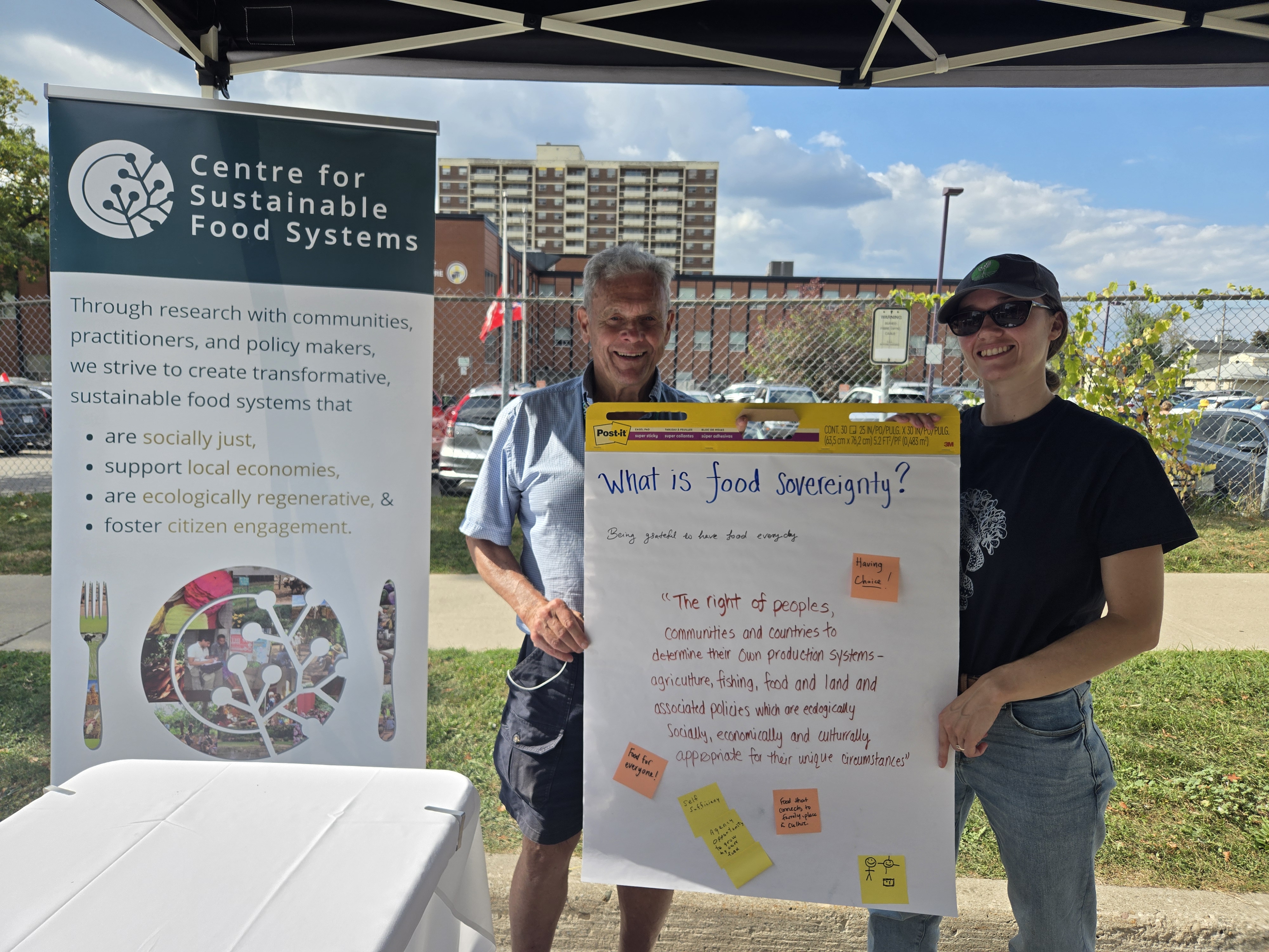 Two people hold a banner to display participants ideas of food sovereignty
