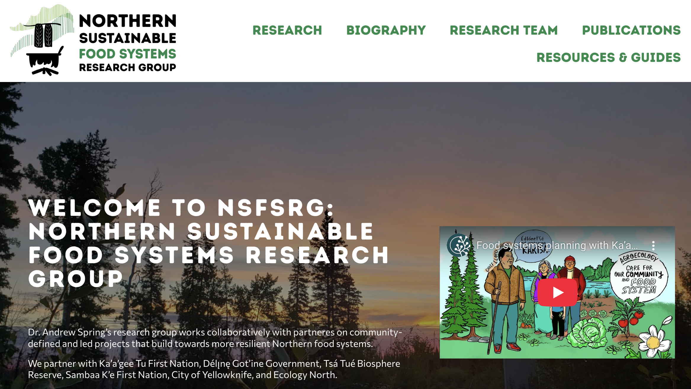 A screenshot image of a website landing page that reads "Northern Sustainable Food Systems Research Group"