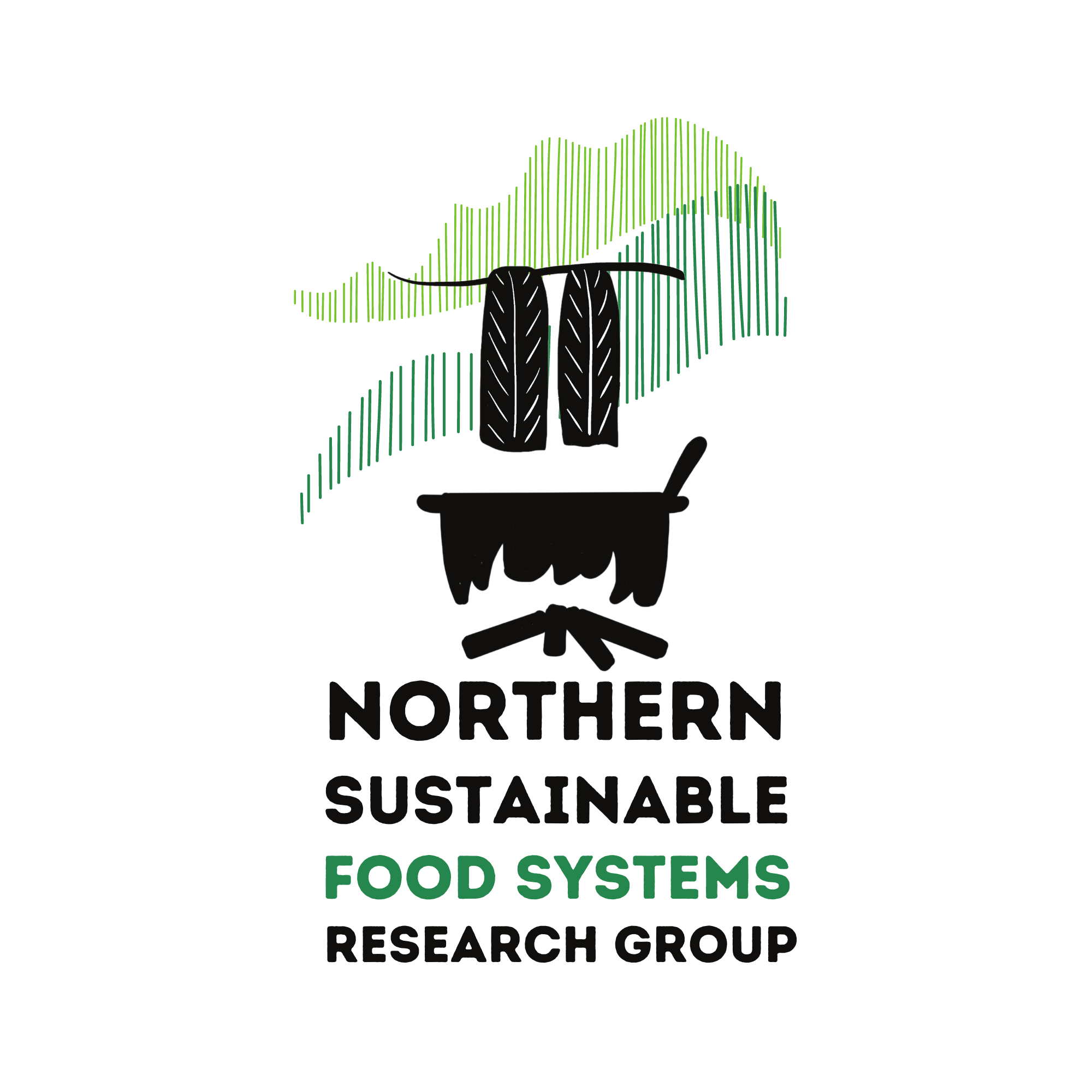 Spotlight story image pertaining to Logo of the northern sustainable food systems research group. There is a black soup pot over a fire with northern light motifs in the background