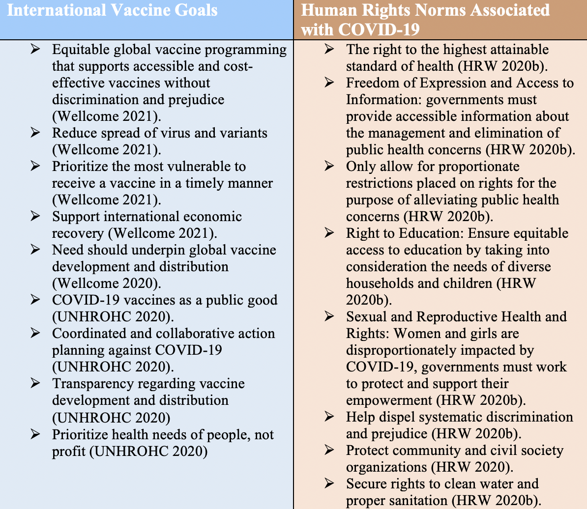 Appendix lists general international vaccine goals and the human rights norms associated with COVID-19