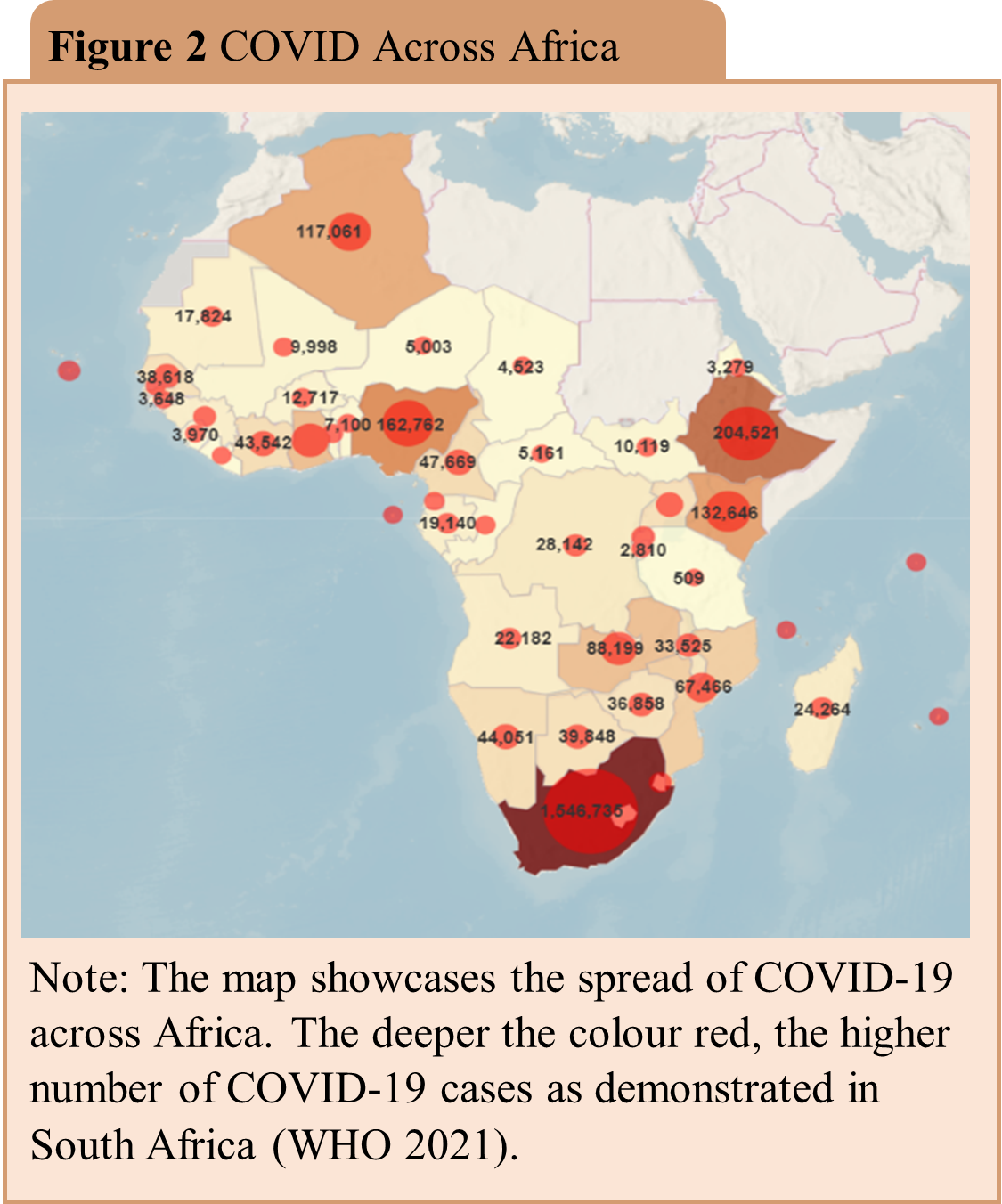 Map of Africa showing the spread of COVID-19 with red (WHO 2021)