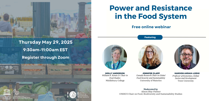 Promotional banner with the heading in blue bold text Power and Resistance in the Food System with speaker photos below. 