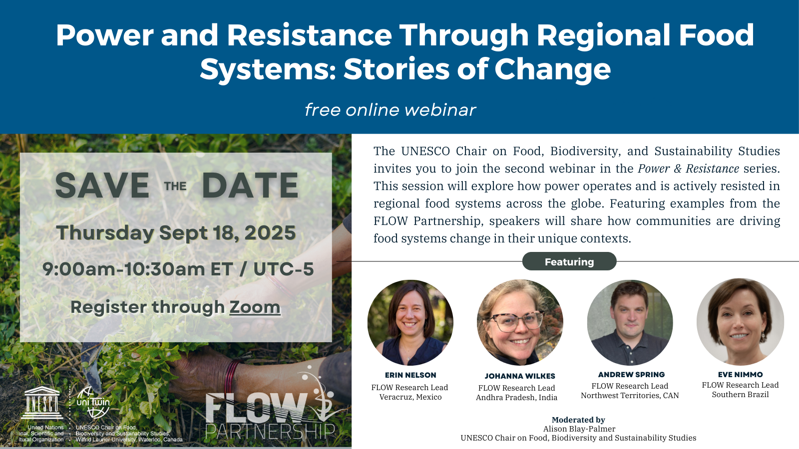 This image is a promotional banner of an upcoming webinar on Power and Resistance in Regional Food Systems: Stories of Change